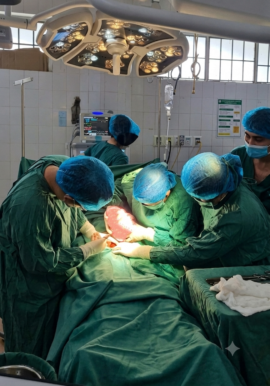 Ekip phẫu thuật của Bệnh viện Đa khoa Gia Lai lấy khối u có trọng lượng khoảng 3,1 kg cho nữ bệnh nhân 30 tuổi. (Ảnh do đơn vị cung cấp)